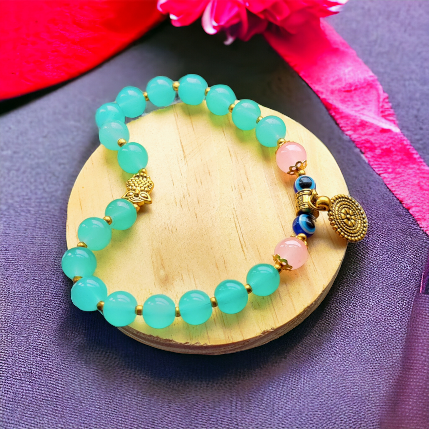 Glass Beads Bracelet - Peach & Green Color Beads