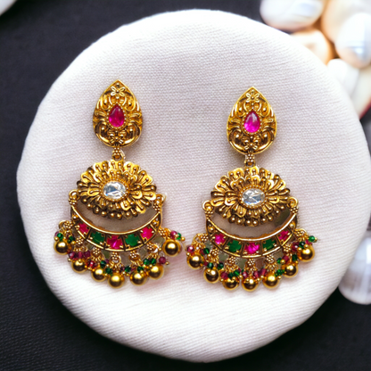 Chandbali - Green, Red & White Kundan With Hanging Golden Metal Beads - Jumbo Size
