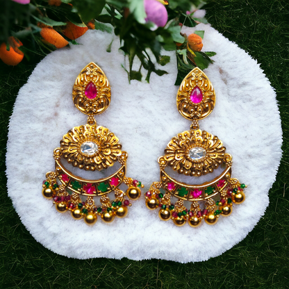 Chandbali - Green, Red & White Kundan With Hanging Golden Metal Beads - Jumbo Size