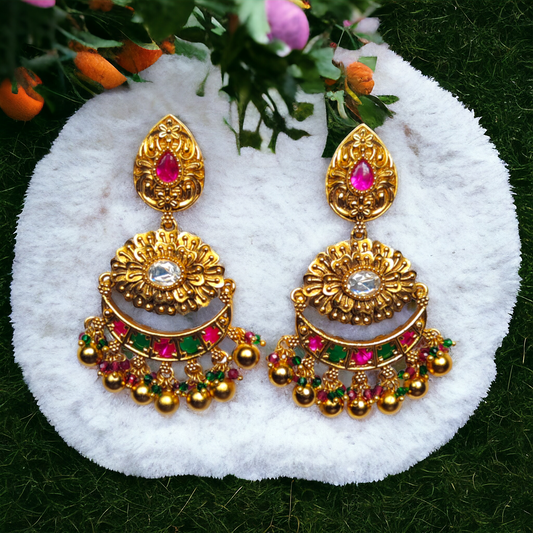 Chandbali - Green, Red & White Kundan With Hanging Golden Metal Beads - Jumbo Size