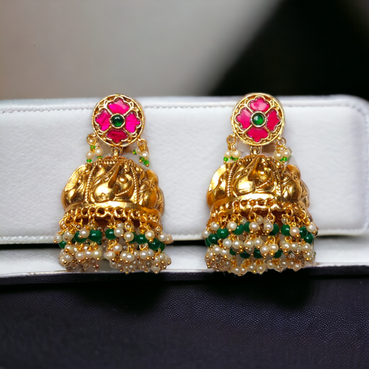 Jhumka - Pearls & Green Beads - Jumbo Size