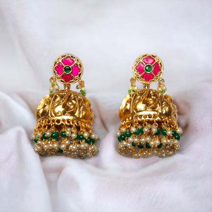 Jhumka - Pearls & Green Beads - Jumbo Size