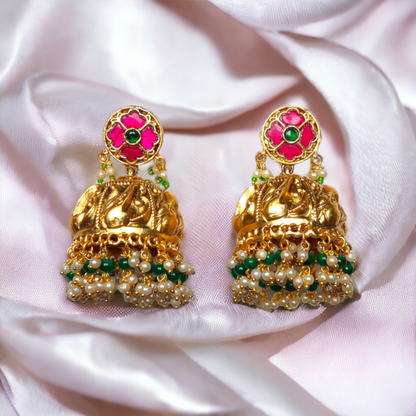 Jhumka - Pearls & Green Beads - Jumbo Size