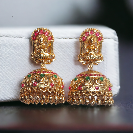 Traditional Jhumka With Red & Green Kundan With Matte Finish