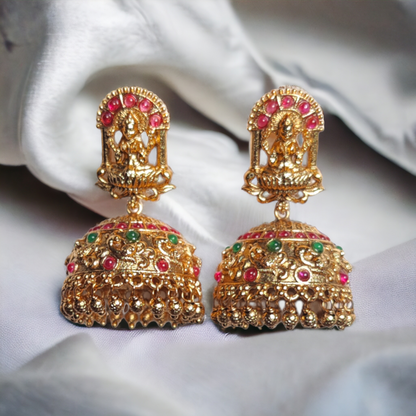 Traditional Jhumka With Red & Green Kundan With Matte Finish