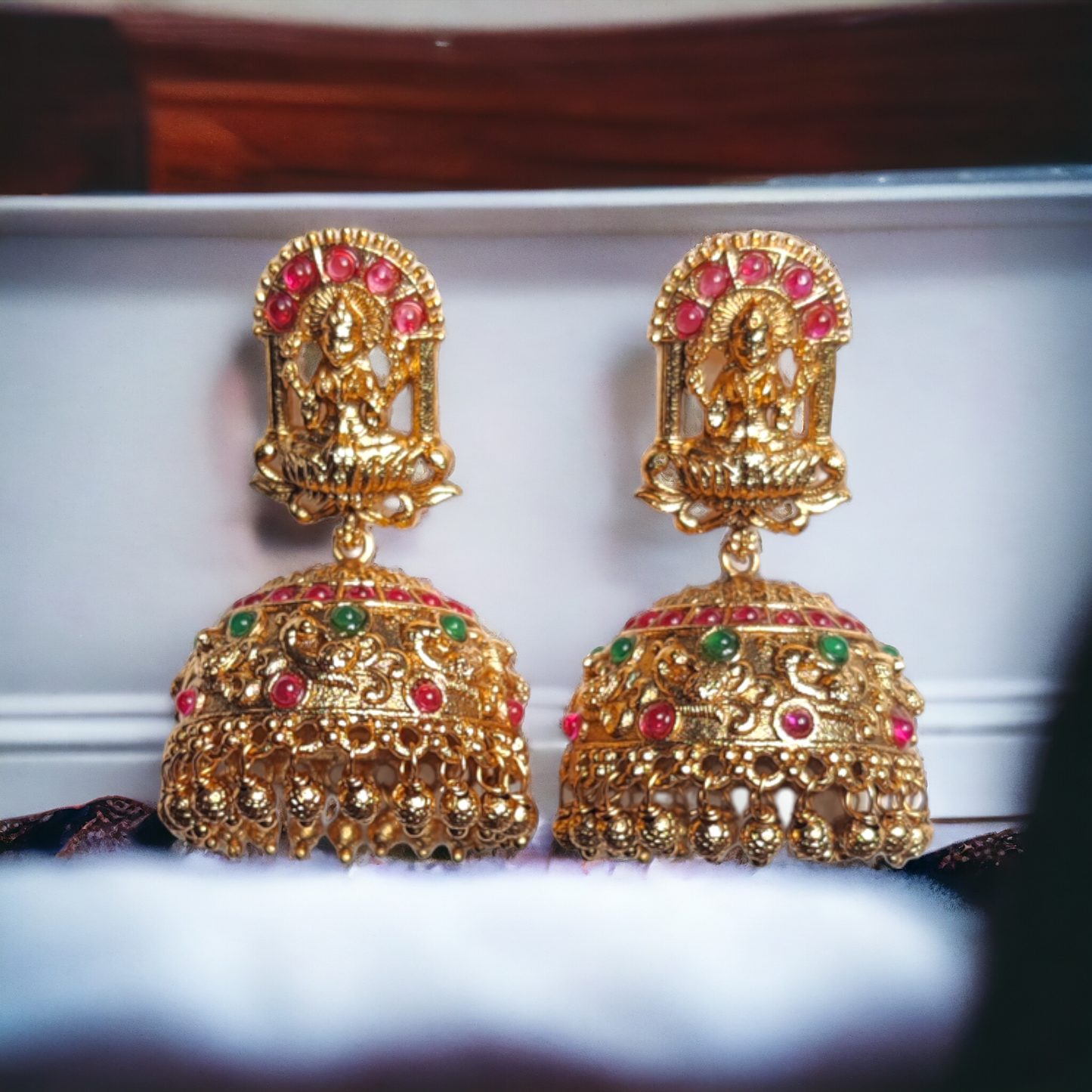 Traditional Jhumka With Red & Green Kundan With Matte Finish