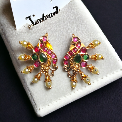 Peacock Studs Red, Green Kundan With Pearls