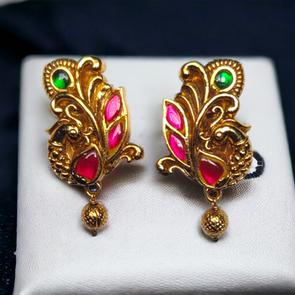 Red & Green Kundan Peacock Studs