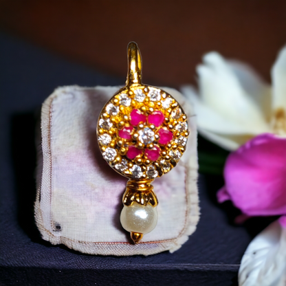 Nose Pin - White & Pink Stone With Pearl