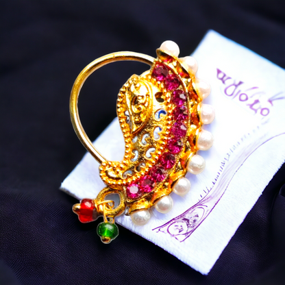Nose Pin - Pink Stone & Pearls