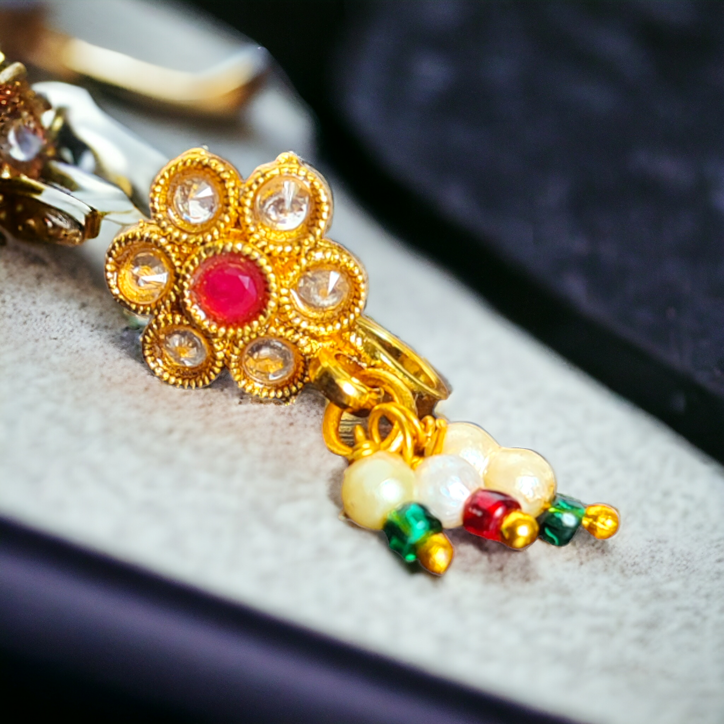 Nose Pin - Pink Kundan With Pearls