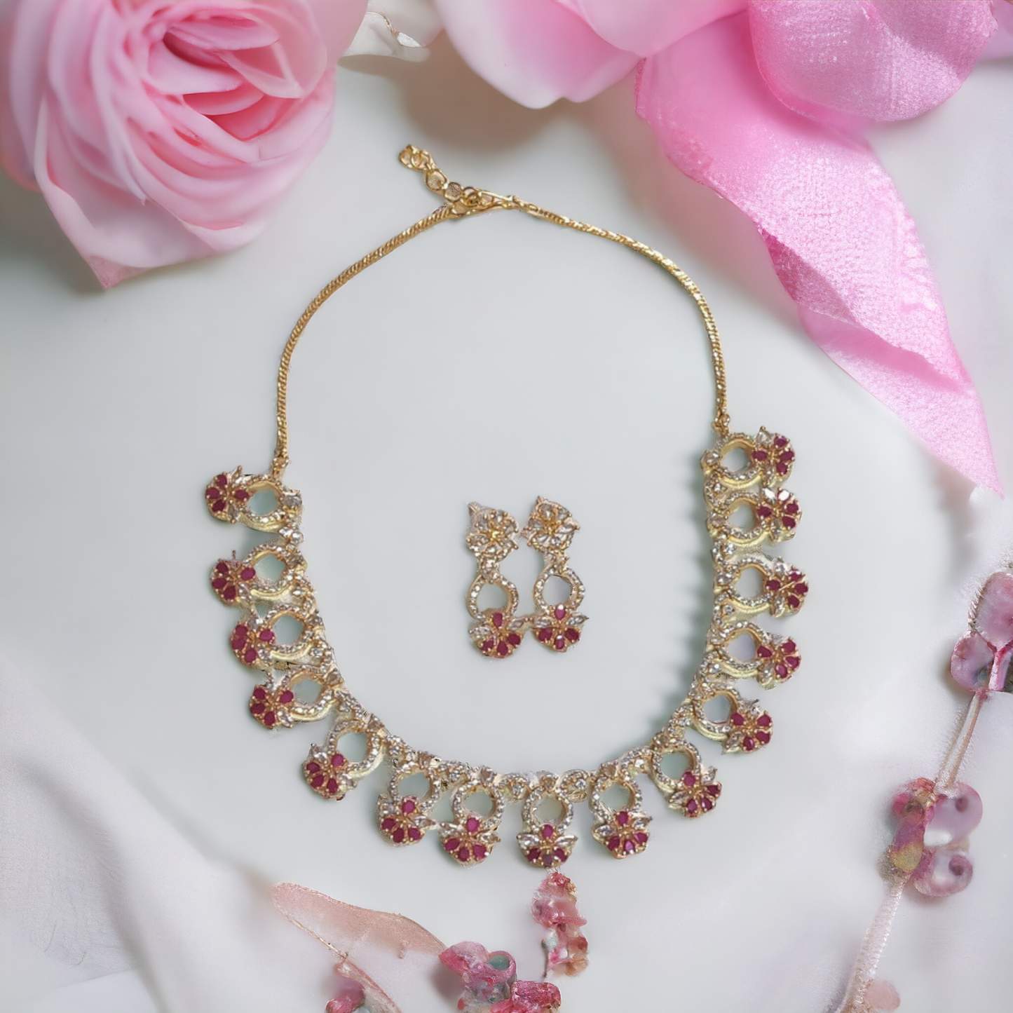 Pink Stone Necklace Set - AD01