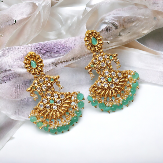 Chandbali Green, White Kundan With Pearls - Reverse AD