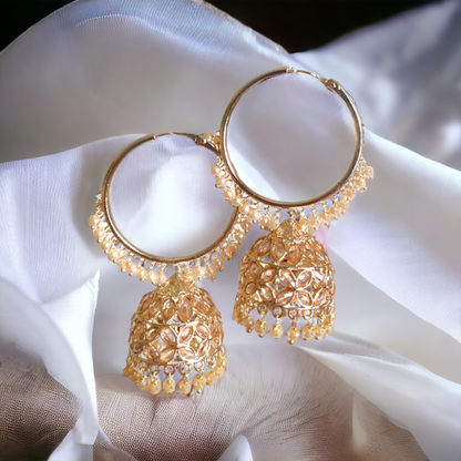 White Stone With Pearls Jhumka - Reverse AD
