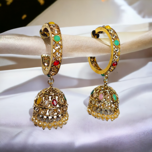 Multi Color Kundan Stone - Reverse AD Jhumka