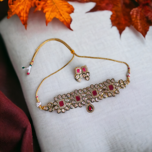 Red Stone Kundan Necklace Set - KC06