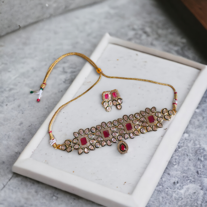 Red Stone Kundan Necklace Set - KC06