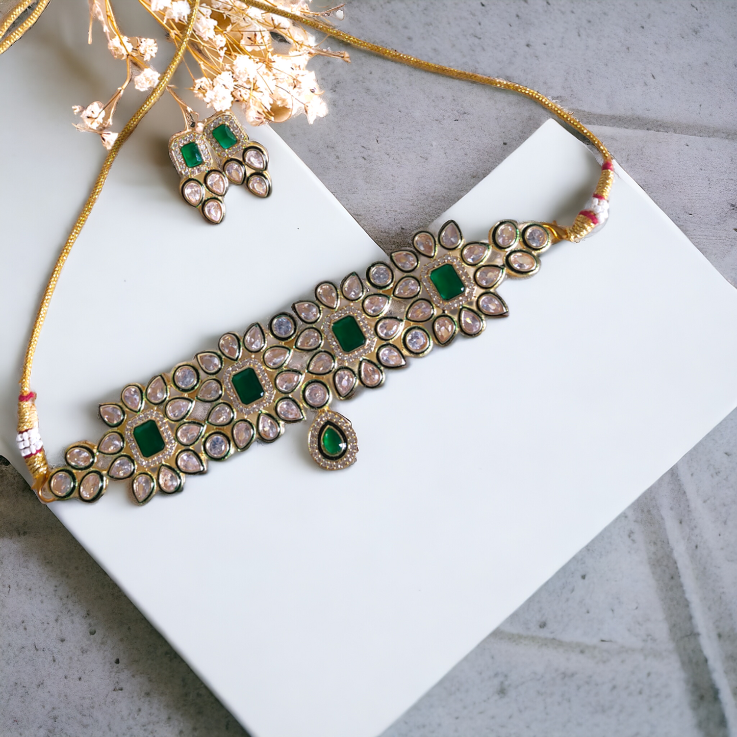 Green Stone Kundan Necklace Set - KC07