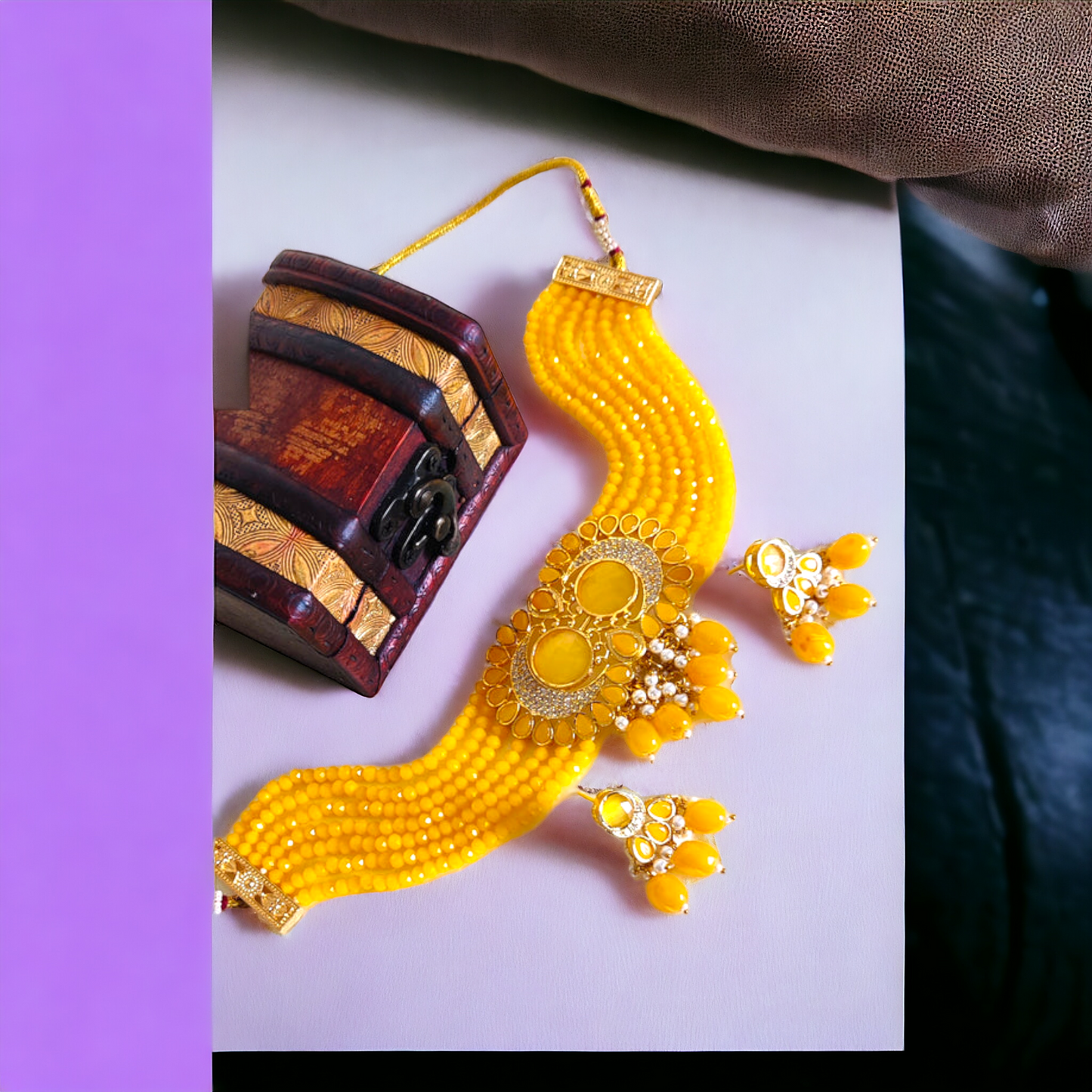 Yellow Jadau AD Choker Necklace Set With Pearls - KC10