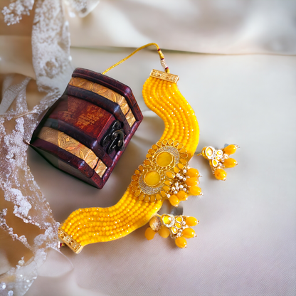 Yellow Jadau AD Choker Necklace Set With Pearls - KC10