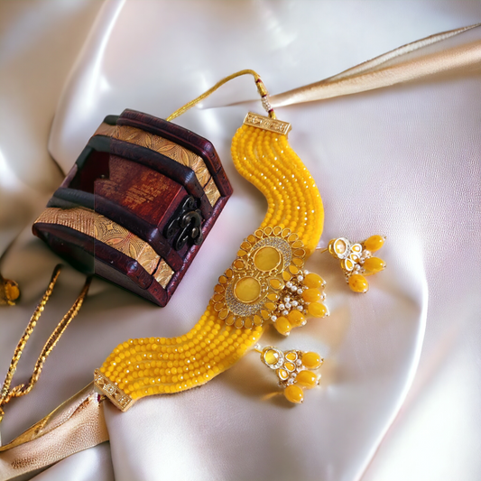 Yellow Jadau AD Choker Necklace Set With Pearls - KC10