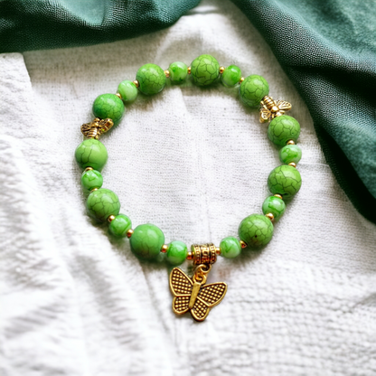 Clay Beads Bracelet With Metal Charms - Green Color