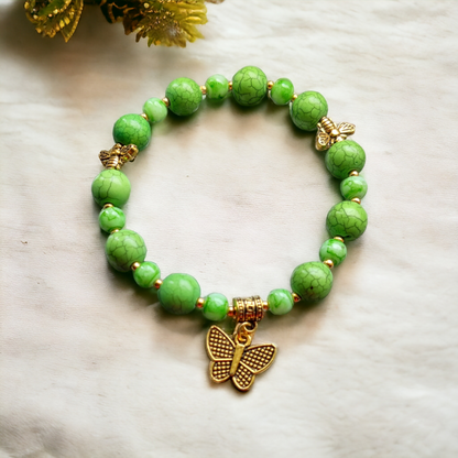 Clay Beads Bracelet With Metal Charms - Green Color