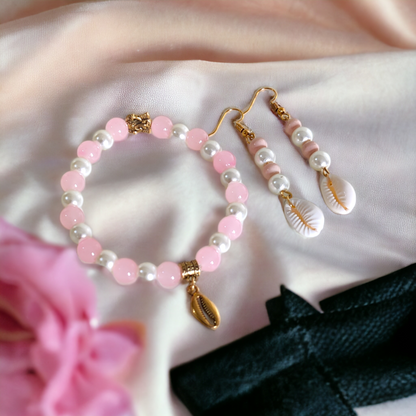 Pink Beads, Pearls With Cowrie Bracelet & Earrings Set