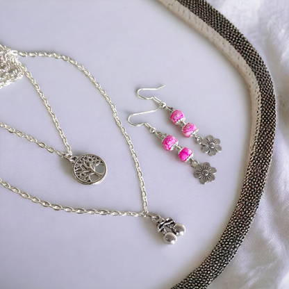 Pink Beads Earrings & An Artificial Silver Chain