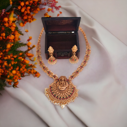 Lakshmi Long Chain Set With Pearl Beads - Matte Finish TS17