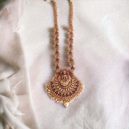 Lakshmi Long Chain Set With Pearl Beads - Matte Finish TS17