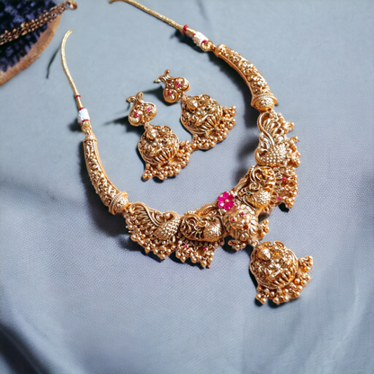Lakshmi Necklace Set With Golden Beads - Matte Finish TS16