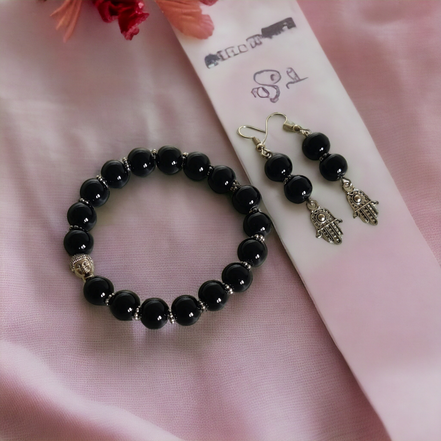 Black Glass Beads Bracelet & Earrings Set With Cute Metal Charms
