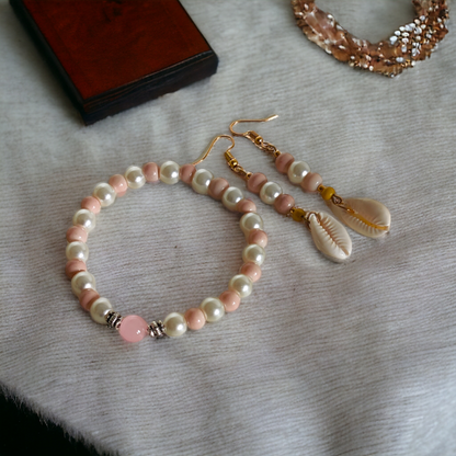 Pearls, Clay Beads Bracelet & Earrings Set With Cute Metal Charms