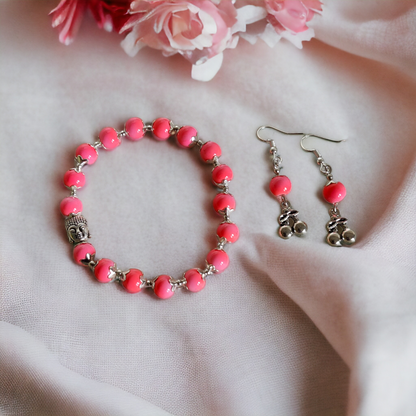 Pink Clay Beads Bracelet & Earrings Set Adorned With Cute Metal Charms