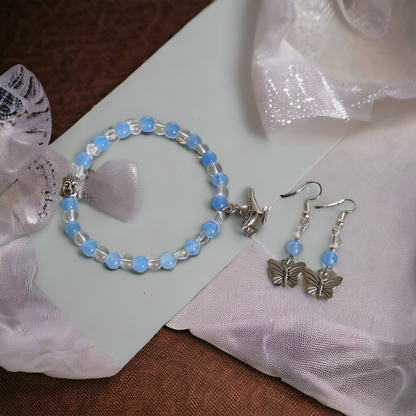 Blue Glass Beads Bracelet & Earrings Set Adorned With Cute Metal Charms