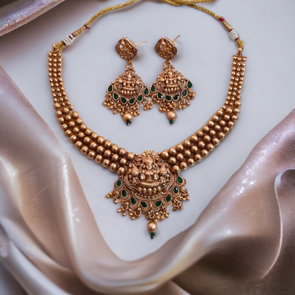 Golden Beads Studded With Green Kundan Lakshmi Necklace - TS07