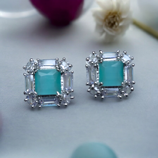 Stunning Sea Green Stone American Diamond Earrings