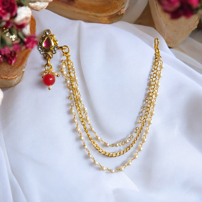 Gold Plated Red Kundan Chained Nose Ring