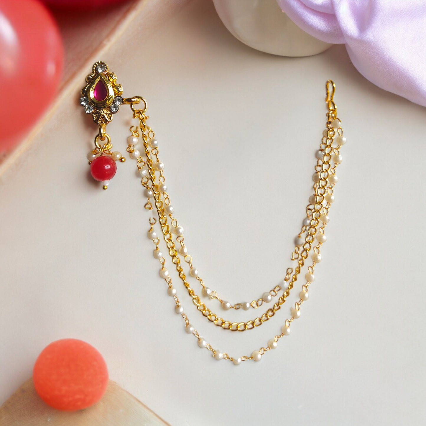 Gold Plated Red Kundan Chained Nose Ring