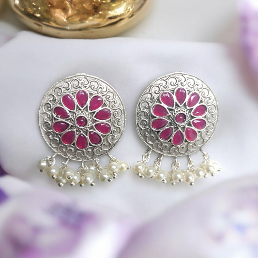 Silver Replica Red Kundan & Pearl Earring - XJ68