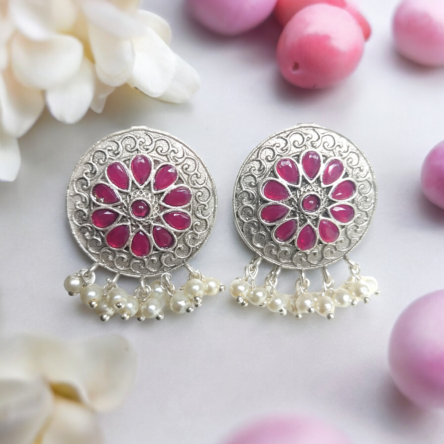 Silver Replica Red Kundan & Pearl Earring - XJ68