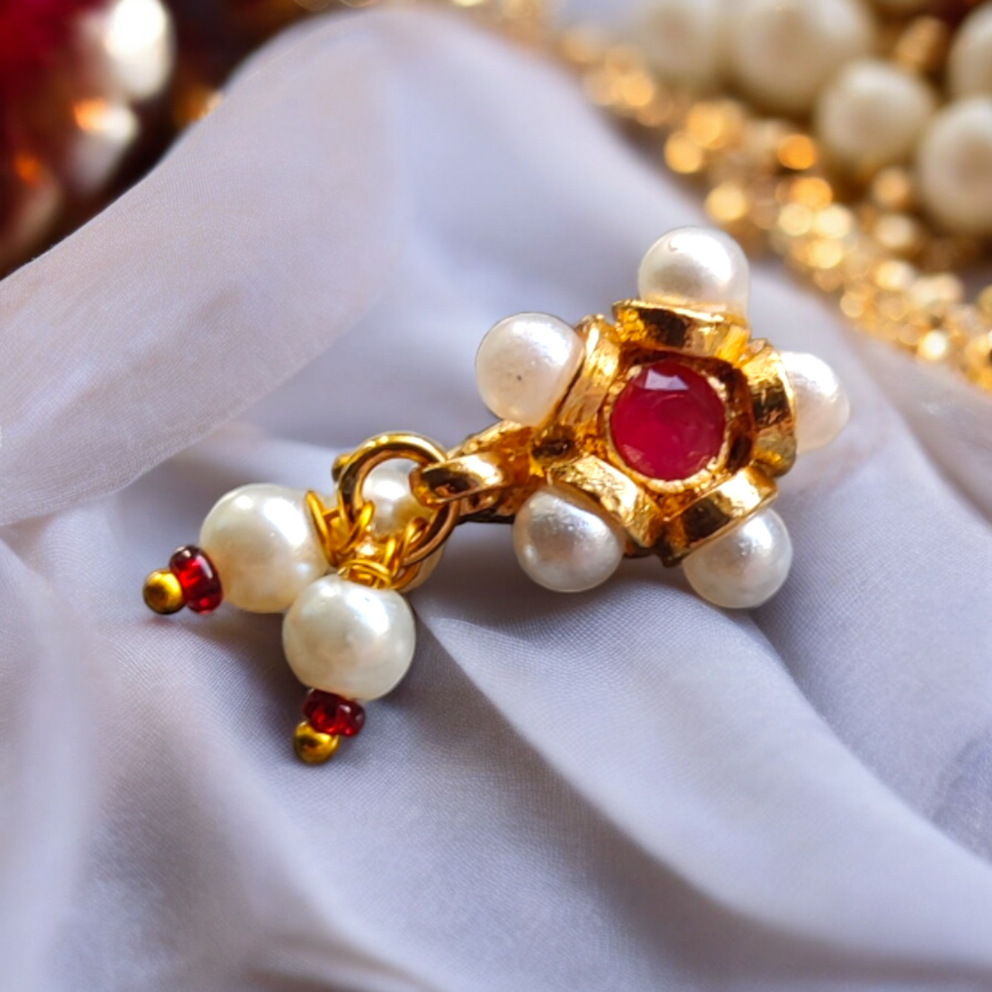 Red Stone & Pearls Nose Pin