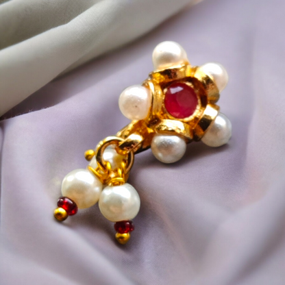 Red Stone & Pearls Nose Pin