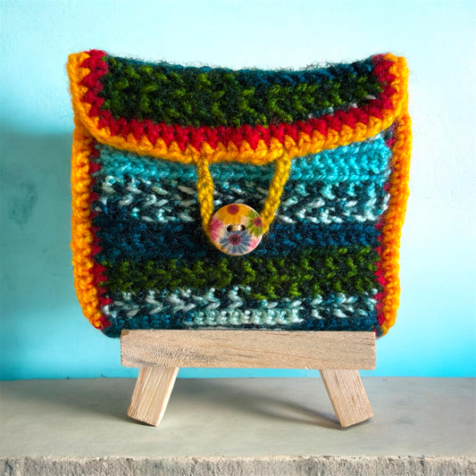 Bluish Green Multi Color Crochet Mini Purse