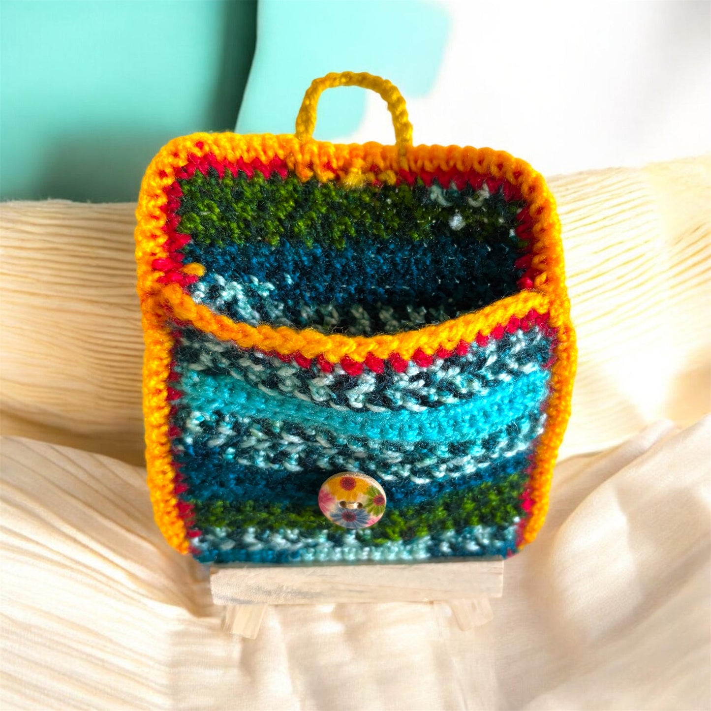 Bluish Green Multi Color Crochet Mini Purse