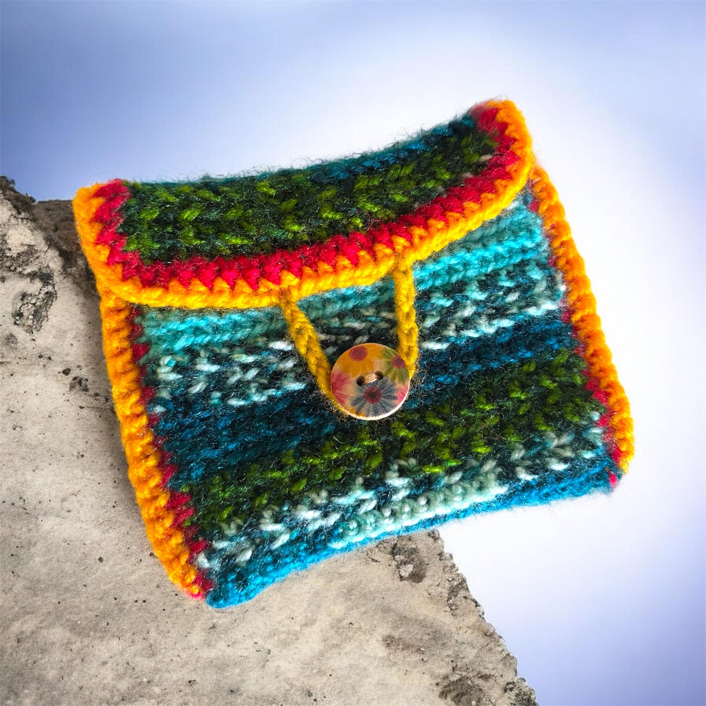 Bluish Green Multi Color Crochet Mini Purse