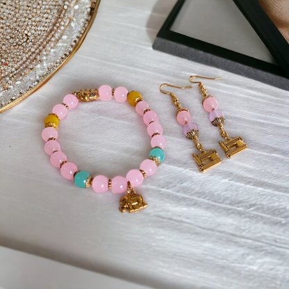 Pink Glass Beads Bracelet & Earrings Set