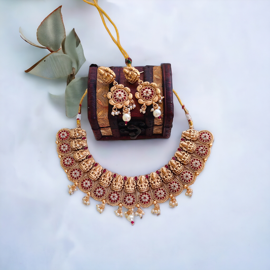 Traditional Lakshmi Pearl Necklace Set - Matte Finish TS11
