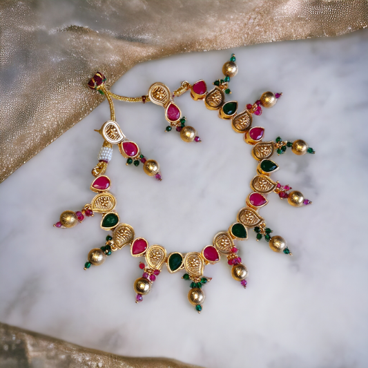 Traditional Red & Green Kundan Necklace Set - TS10